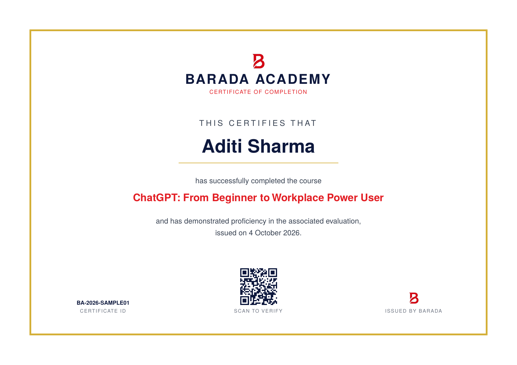 Sample Barada Academy certificate of completion, with a verification QR code and certificate ID